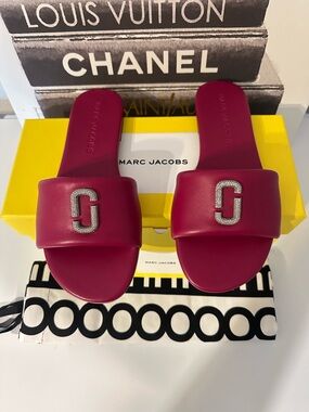 Marc Jacobs Fuchsia Crystal-Logo Slide Sandals